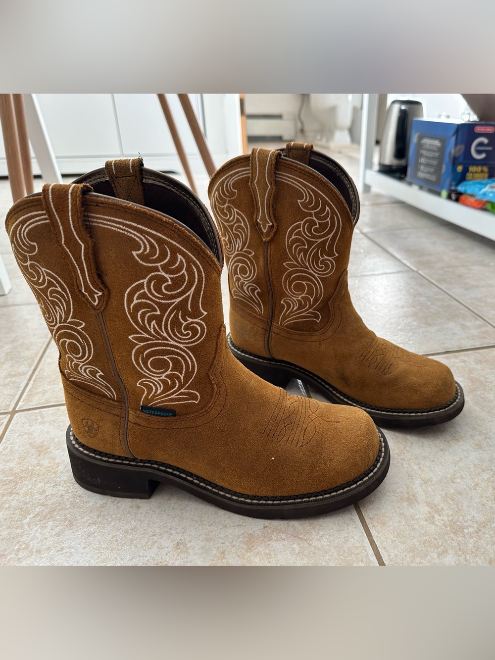 Ariat Tan Suede Kids Western Boots with White Embroidery